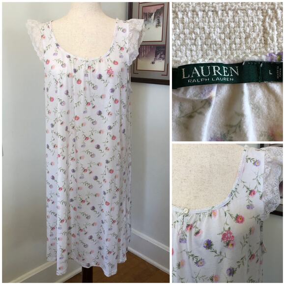 VTG Lauren Ralph Lauren Floral Lace Nightgown Slip Dress Cottagecore L 90s Y2K - Picture 1 of 10
